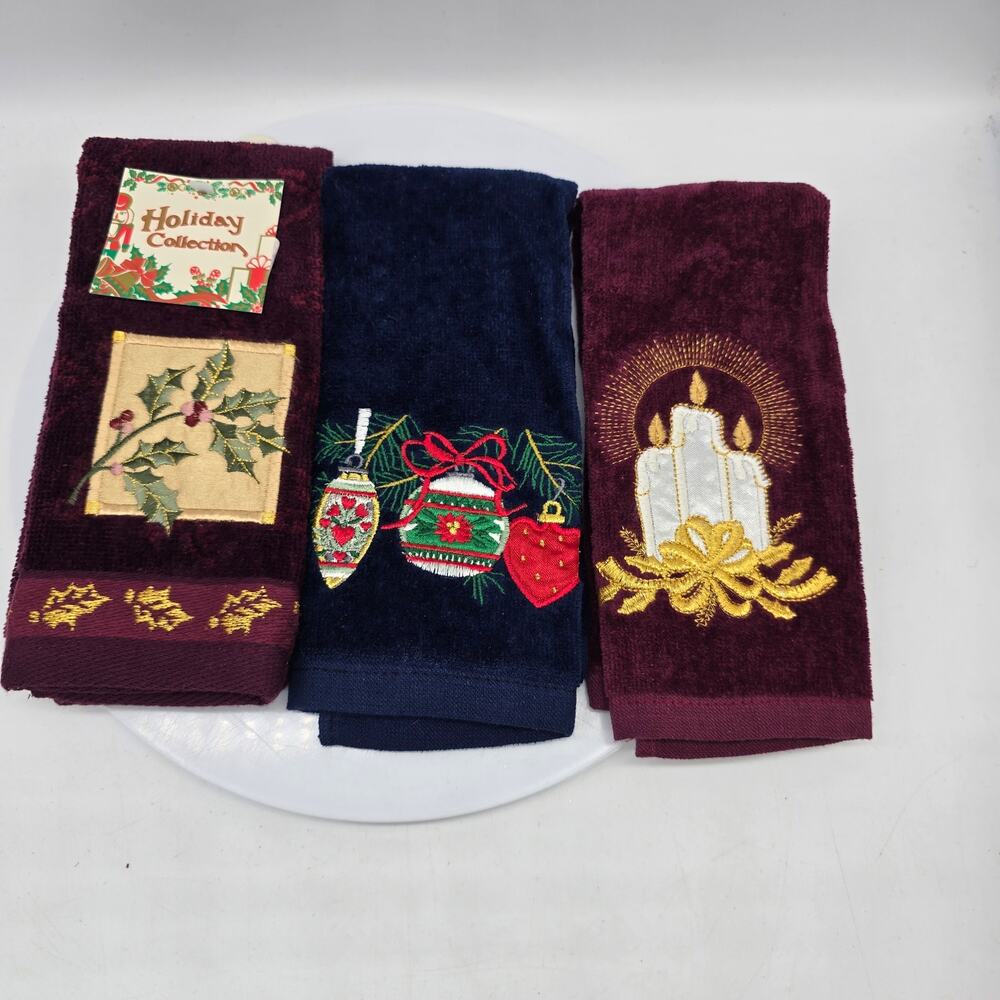 Vintage Embroidered Christmas Holiday Ornaments & Candle Hand Towels Set of 3